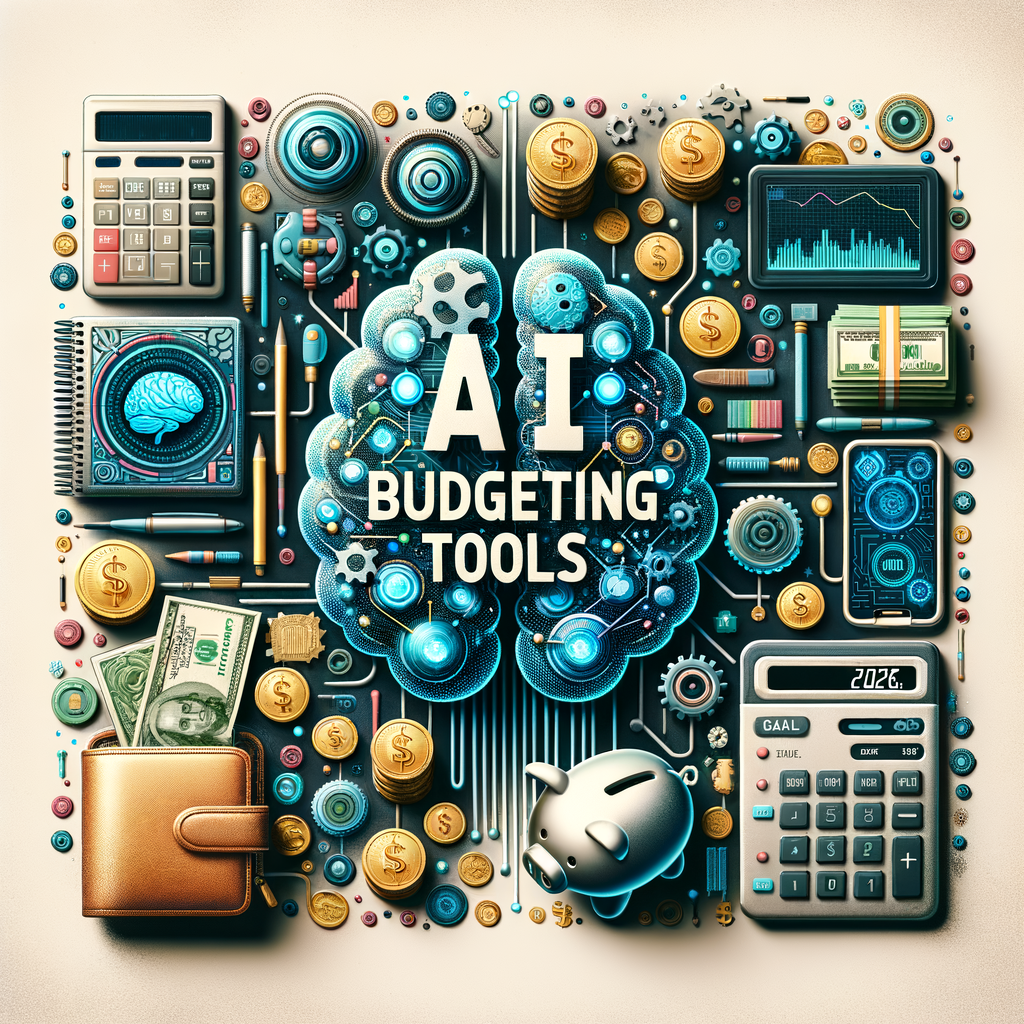 Illustration of AI budgeting tools with calculators, money, and financial icons for personal finance in 2026.